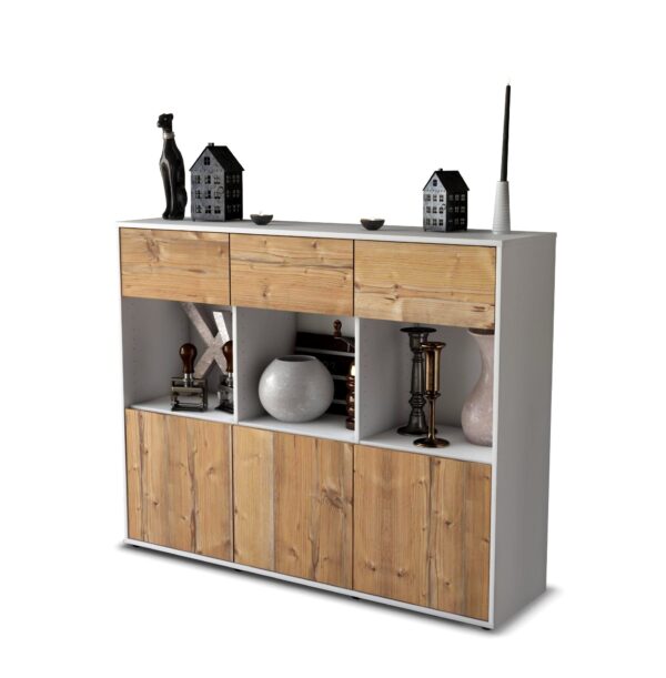 Highboard - Tessa - Design Holzdekor - Freistehend mit Push to Open 136 cm Weiss - Front Pinie  Bestellnummer:1030214591