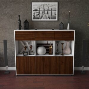 Highboard - Tessa - Design Holzdekor - Freistehend mit Push to Open 136 cm Weiss - Front Treibholz  Bestellnummer:1030214593