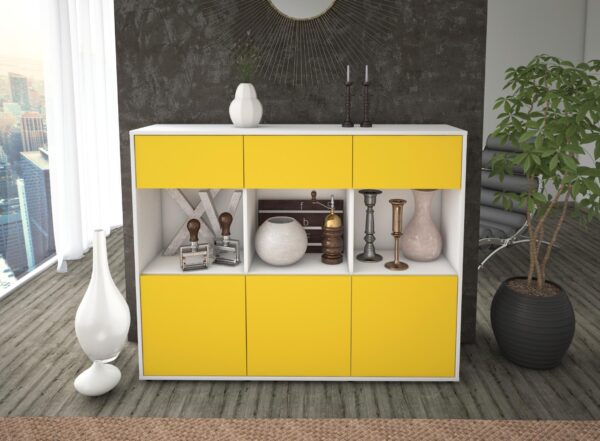 Highboard - Tessa - Design Farbakzent - Freistehend mit Push to Open 136 cm Weiss - Front Rot  Bestellnummer:1030214603