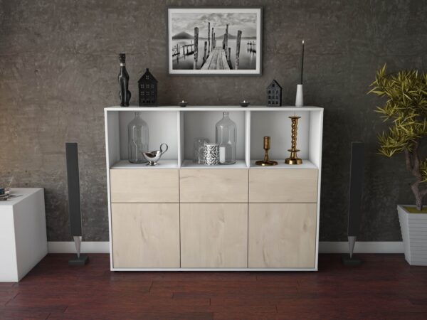 Highboard - Theresia - Design Holzdekor - Freistehend mit Push to Open 136 cm Weiss - Front Walnuss  Bestellnummer:1030214692