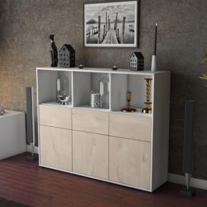 Highboard - Theresia - Design Holzdekor - Freistehend mit Push to Open 136 cm Weiss - Front Pinie  Bestellnummer:1030214693