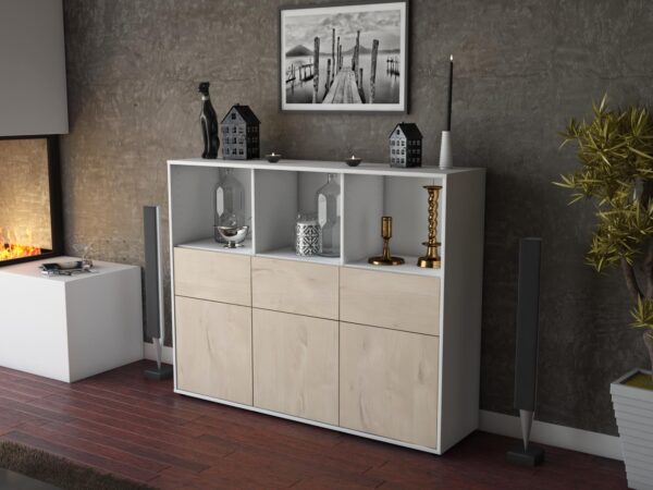 Highboard - Theresia - Design Holzdekor - Freistehend mit Push to Open 136 cm Weiss - Front Pinie  Bestellnummer:1030214693