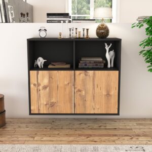 Sideboard - Camilla - Design Holzdekor - Wandmontiert mit Push to open  92 cm Anthrazit - Front Walnuss  Bestellnummer:2020100446