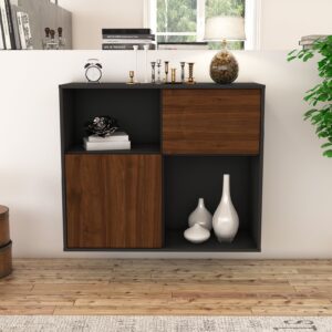 Sideboard - Carola - Design Holzdekor - Wandmontiert mit Push to open  92 cm Anthrazit - Front Walnuss  Bestellnummer:2020101262