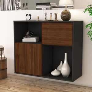 Sideboard - Carola - Design Holzdekor - Wandmontiert mit Push to open  92 cm Anthrazit - Front Pinie  Bestellnummer:2020101263