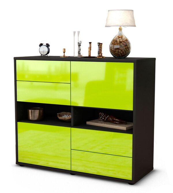 Sideboard - Claudia - Design Hochglanz - Freistehend mit Push to open  92 cm Anthrazit - Front Orange  Bestellnummer:2020103476