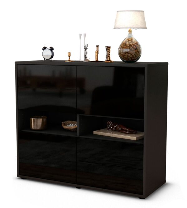 Sideboard - Claudia - Design Hochglanz - Freistehend mit Push to open  92 cm Anthrazit - Front Gr?n  Bestellnummer:2020103479