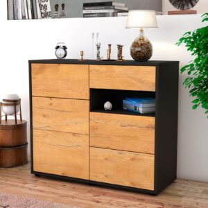 Sideboard - Dariella - Design Holzdekor - Freistehend mit Push to open  92 cm Anthrazit - Front Eiche  Bestellnummer:2020106021