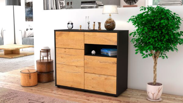 Sideboard - Dariella - Design Holzdekor - Freistehend mit Push to open  92 cm Anthrazit - Front Eiche  Bestellnummer:2020106021