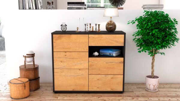 Sideboard - Dariella - Design Holzdekor - Freistehend mit Push to open  92 cm Anthrazit - Front Walnuss  Bestellnummer:2020106022