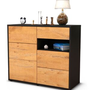 Sideboard - Dariella - Design Holzdekor - Freistehend mit Push to open  92 cm Anthrazit - Front Pinie  Bestellnummer:2020106023