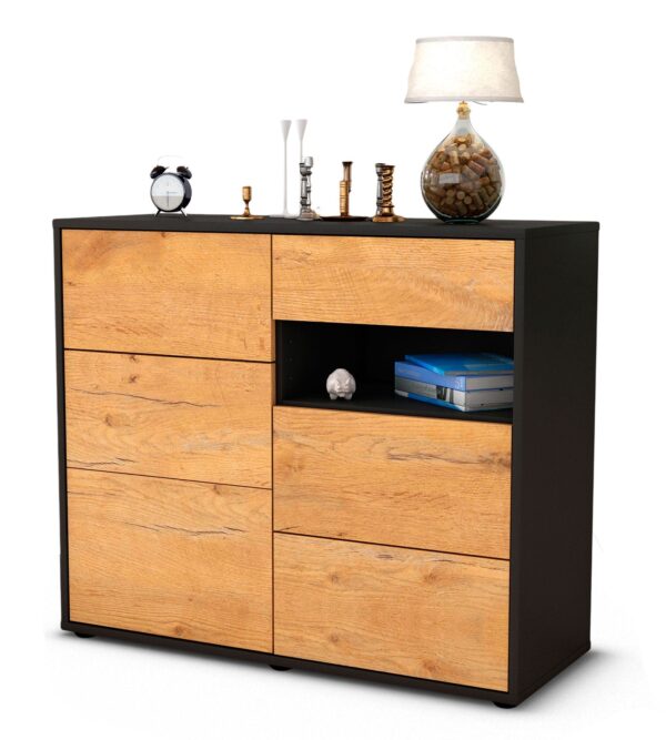 Sideboard - Dariella - Design Holzdekor - Freistehend mit Push to open  92 cm Anthrazit - Front Pinie  Bestellnummer:2020106023