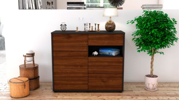 Sideboard - Dariella - Design Holzdekor - Freistehend mit Push to open  92 cm Anthrazit - Front Treibholz  Bestellnummer:2020106025