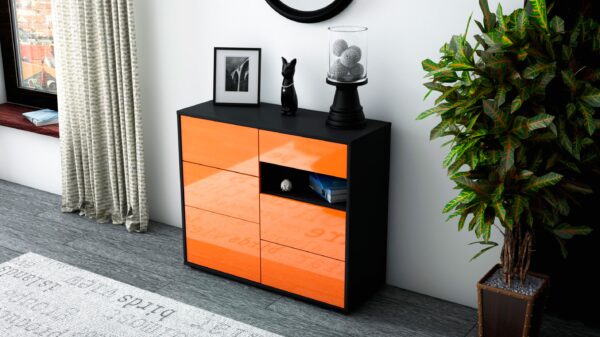 Sideboard - Dariella - Design Hochglanz - Freistehend mit Push to open  92 cm Anthrazit - Front Orange  Bestellnummer:2020106026