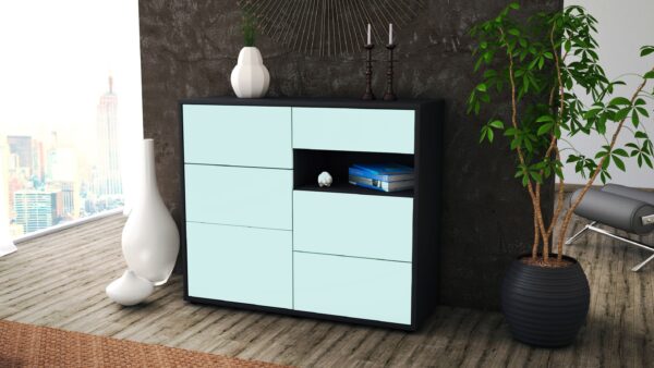 Sideboard - Dariella - Design Farbakzent - Freistehend mit Push to open  92 cm Anthrazit - Front Mint  Bestellnummer:2020106031