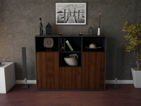 Highboard - Mia - Design Holzdekor - Freistehend mit Push to Open 136 cm Anthrazit - Front Eiche  Bestellnummer:2030202757