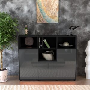 Highboard - Mia - Design Hochglanz - Freistehend mit Push to Open 136 cm Anthrazit - Front Schwarz  Bestellnummer:2030202763