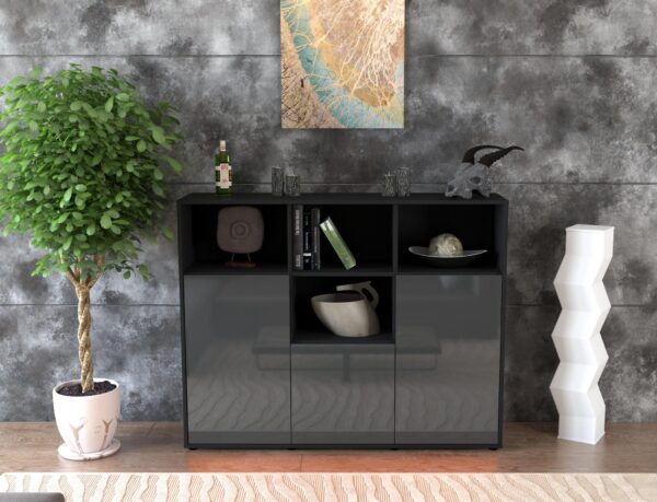 Highboard - Mia - Design Hochglanz - Freistehend mit Push to Open 136 cm Anthrazit - Front Schwarz  Bestellnummer:2030202763