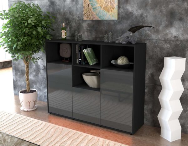 Highboard - Mia - Design Hochglanz - Freistehend mit Push to Open 136 cm Anthrazit - Front Wei?  Bestellnummer:2030202764