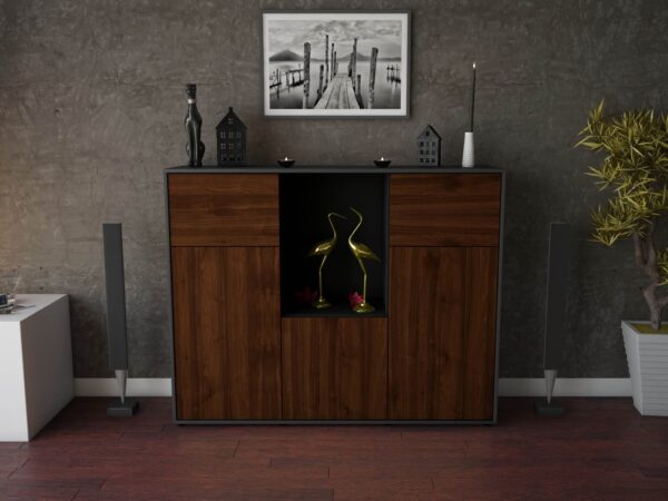 Highboard - Michelle - Design Holzdekor - Freistehend mit Push to Open 136 cm Anthrazit - Front Eiche  Bestellnummer:2030202961