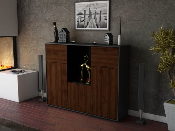 Highboard - Michelle - Design Holzdekor - Freistehend mit Push to Open 136 cm Anthrazit - Front Pinie  Bestellnummer:2030202963