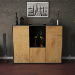 Highboard - Michelle - Design Holzdekor - Freistehend mit Push to Open 136 cm Anthrazit - Front Treibholz  Bestellnummer:2030202965