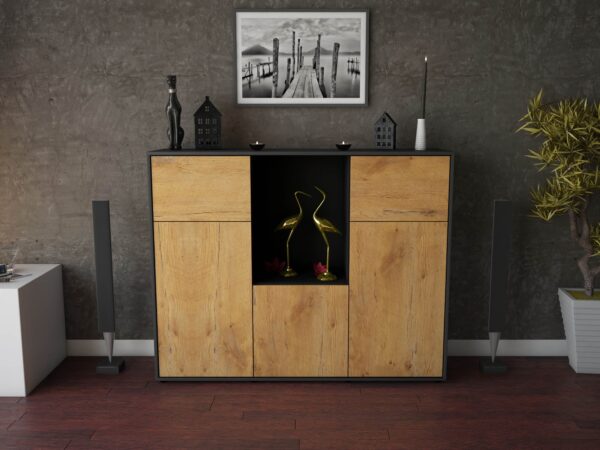 Highboard - Michelle - Design Holzdekor - Freistehend mit Push to Open 136 cm Anthrazit - Front Treibholz  Bestellnummer:2030202965