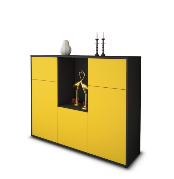 Highboard - Michelle - Design Farbakzent - Freistehend mit Push to Open 136 cm Anthrazit - Front Gelb  Bestellnummer:2030202972