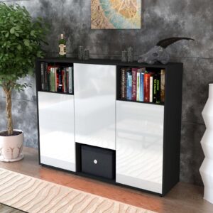 Highboard - Momo - Design Hochglanz - Freistehend mit Push to Open 136 cm Anthrazit - Front Orange  Bestellnummer:2030203578