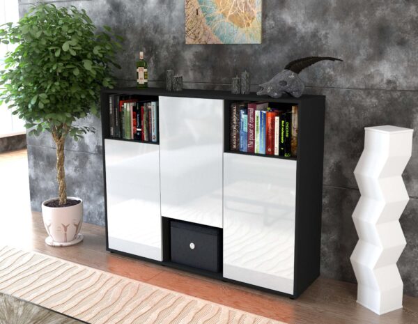 Highboard - Momo - Design Hochglanz - Freistehend mit Push to Open 136 cm Anthrazit - Front Orange  Bestellnummer:2030203578