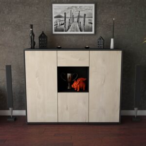 Highboard - Nuria - Design Holzdekor - Freistehend mit Push to Open 136 cm Anthrazit - Front Walnuss  Bestellnummer:2030206430