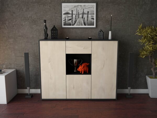 Highboard - Nuria - Design Holzdekor - Freistehend mit Push to Open 136 cm Anthrazit - Front Walnuss  Bestellnummer:2030206430