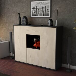 Highboard - Nuria - Design Holzdekor - Freistehend mit Push to Open 136 cm Anthrazit - Front Pinie  Bestellnummer:2030206431