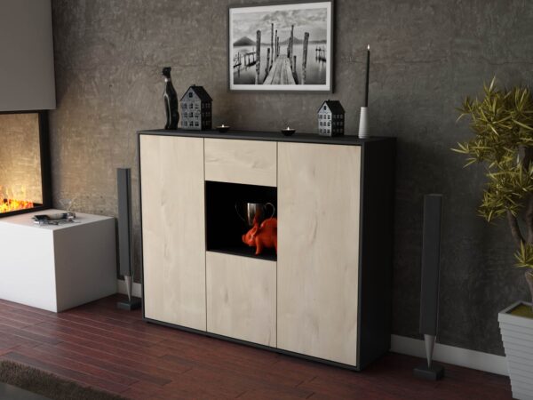 Highboard - Nuria - Design Holzdekor - Freistehend mit Push to Open 136 cm Anthrazit - Front Pinie  Bestellnummer:2030206431