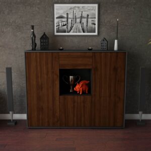 Highboard - Nuria - Design Holzdekor - Freistehend mit Push to Open 136 cm Anthrazit - Front Treibholz  Bestellnummer:2030206433