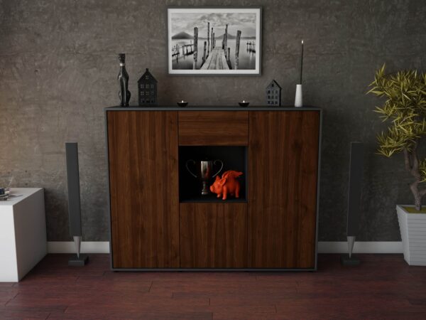 Highboard - Nuria - Design Holzdekor - Freistehend mit Push to Open 136 cm Anthrazit - Front Treibholz  Bestellnummer:2030206433