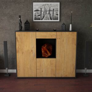 Highboard - Peppina - Design Holzdekor - Freistehend mit Push to Open 136 cm Anthrazit - Front Treibholz  Bestellnummer:2030207555