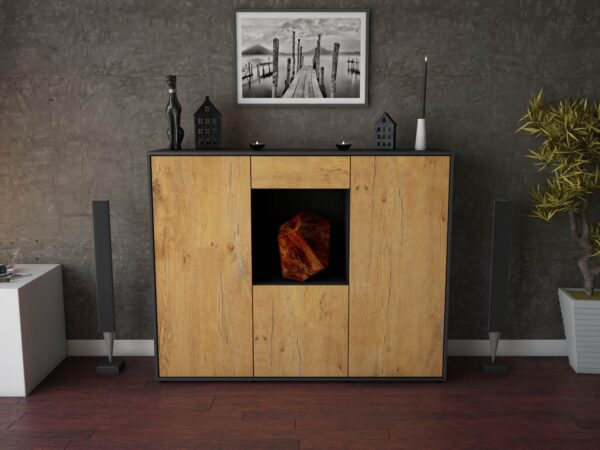 Highboard - Peppina - Design Holzdekor - Freistehend mit Push to Open 136 cm Anthrazit - Front Treibholz  Bestellnummer:2030207555