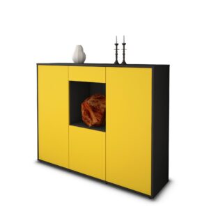 Highboard - Peppina - Design Farbakzent - Freistehend mit Push to Open 136 cm Anthrazit - Front Gelb  Bestellnummer:2030207562