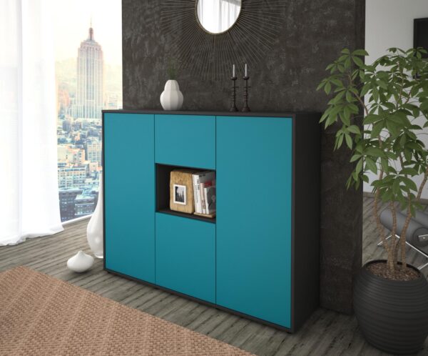 Highboard - Pippa - Design Farbakzent - Freistehend mit Push to Open 136 cm Anthrazit - Front Lila  Bestellnummer:2030207767