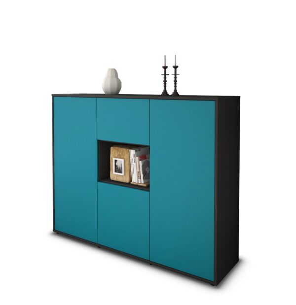 Highboard - Pippa - Design Farbakzent - Freistehend mit Push to Open 136 cm Anthrazit - Front T?rkis  Bestellnummer:2030207768