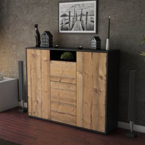 Highboard - Quartilla - Design Holzdekor - Freistehend mit Push to Open 136 cm Anthrazit - Front Eiche  Bestellnummer:2030208163