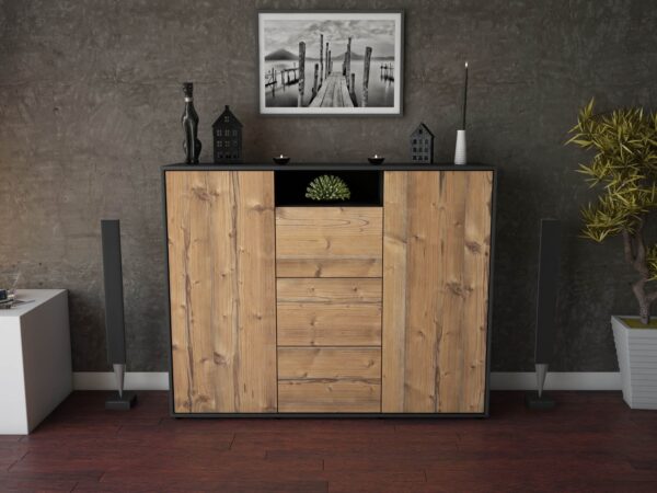 Highboard - Quartilla - Design Holzdekor - Freistehend mit Push to Open 136 cm Anthrazit - Front Walnuss  Bestellnummer:2030208164