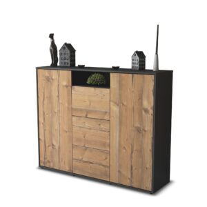 Highboard - Quartilla - Design Holzdekor - Freistehend mit Push to Open 136 cm Anthrazit - Front Pinie  Bestellnummer:2030208165