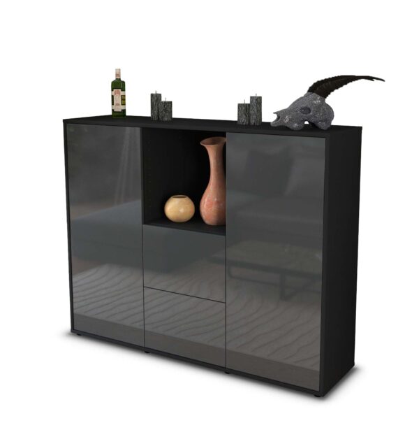 Highboard - Rabea - Design Hochglanz - Freistehend mit Push to Open 136 cm Anthrazit - Front Grau  Bestellnummer:2030208376