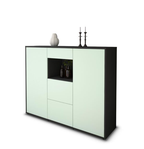 Highboard - Rachelle - Design Farbakzent - Freistehend mit Push to Open 136 cm Anthrazit - Front Mint  Bestellnummer:2030208479