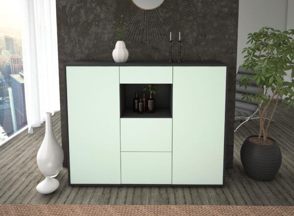 Highboard - Rachelle - Design Farbakzent - Freistehend mit Push to Open 136 cm Anthrazit - Front Gelb  Bestellnummer:2030208480