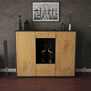 Highboard - Raffaela - Design Holzdekor - Freistehend mit Push to Open 136 cm Anthrazit - Front Treibholz  Bestellnummer:2030208575