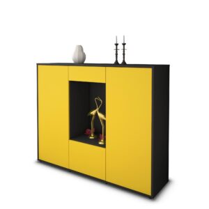 Highboard - Raffaela - Design Farbakzent - Freistehend mit Push to Open 136 cm Anthrazit - Front Gelb  Bestellnummer:2030208582