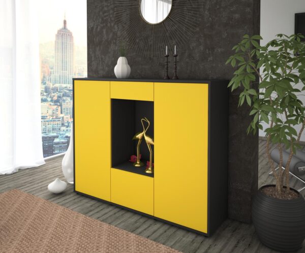 Highboard - Raffaela - Design Farbakzent - Freistehend mit Push to Open 136 cm Anthrazit - Front Lila  Bestellnummer:2030208583